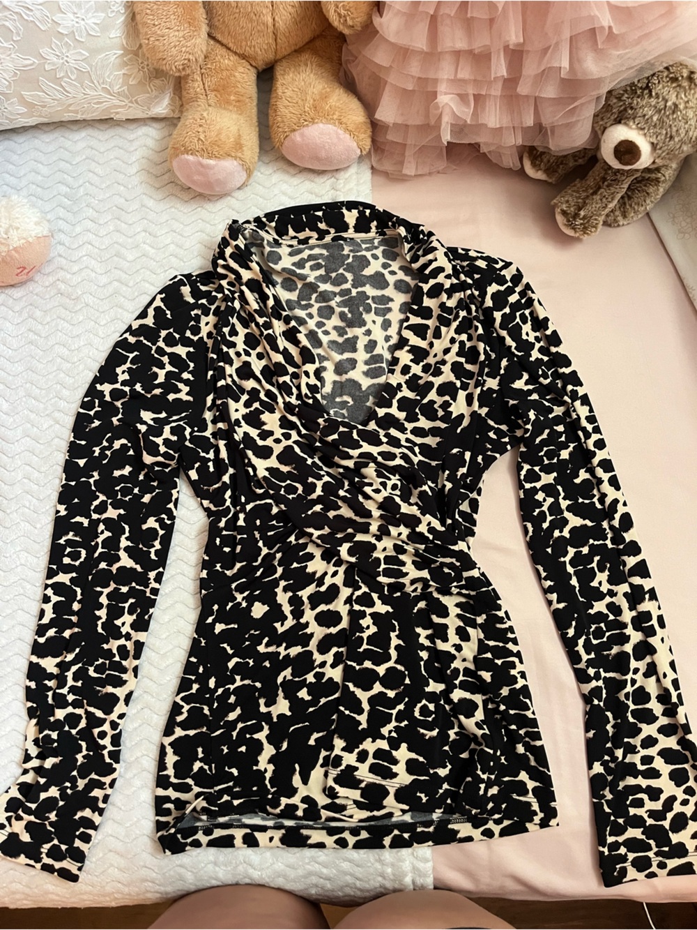Black and Cream Leopard Print Long Sleeve Wrap Top